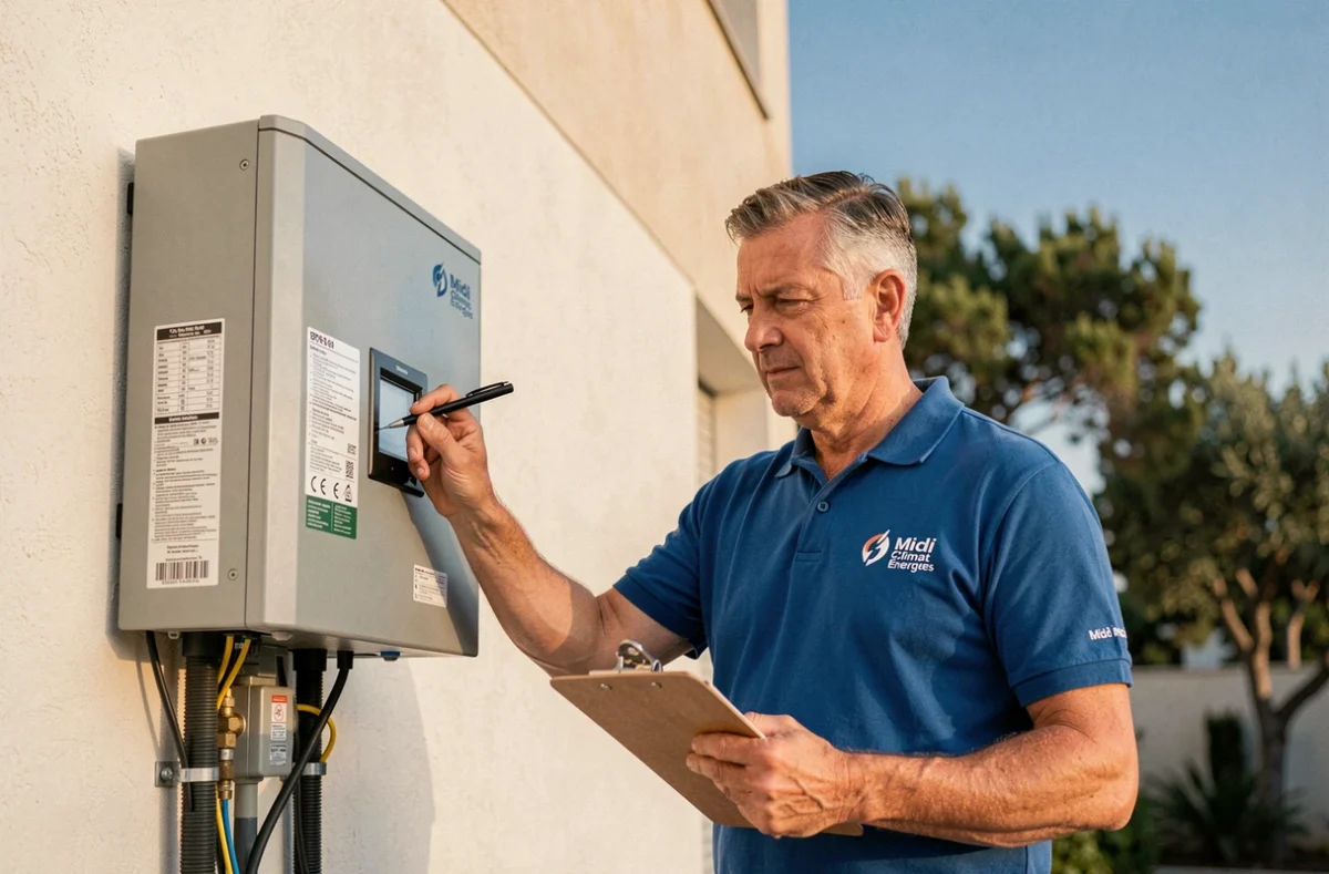 Technicien Midi Climat Énergies inspectant une pompe à chaleur connectée à un panneau électrique résidentiel à Montpellier