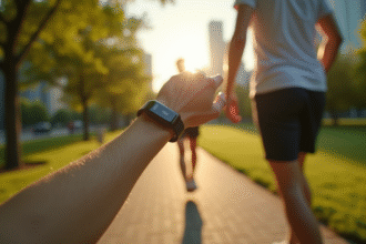 Personne portant une montre connectée dans un parc en ville