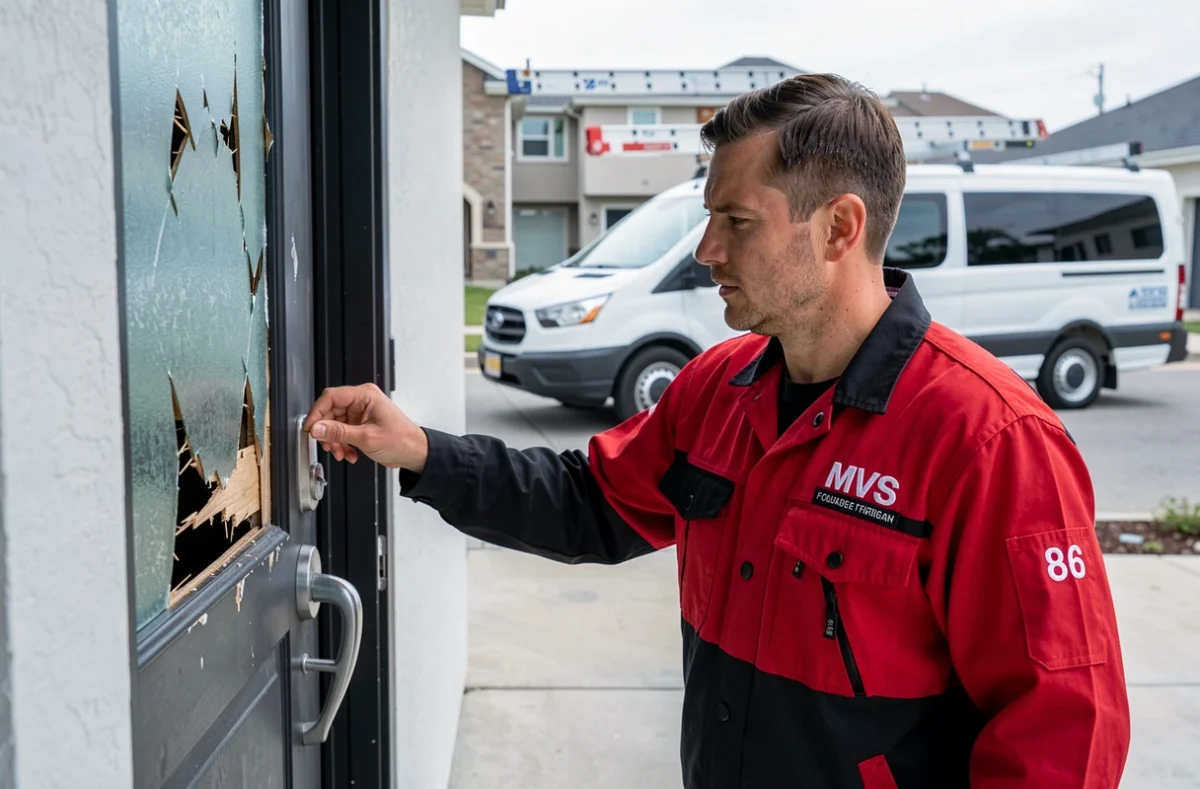 Technicien M.V.S. 86 évaluant les dégâts d'une effraction sur une porte de pavillon en banlieue