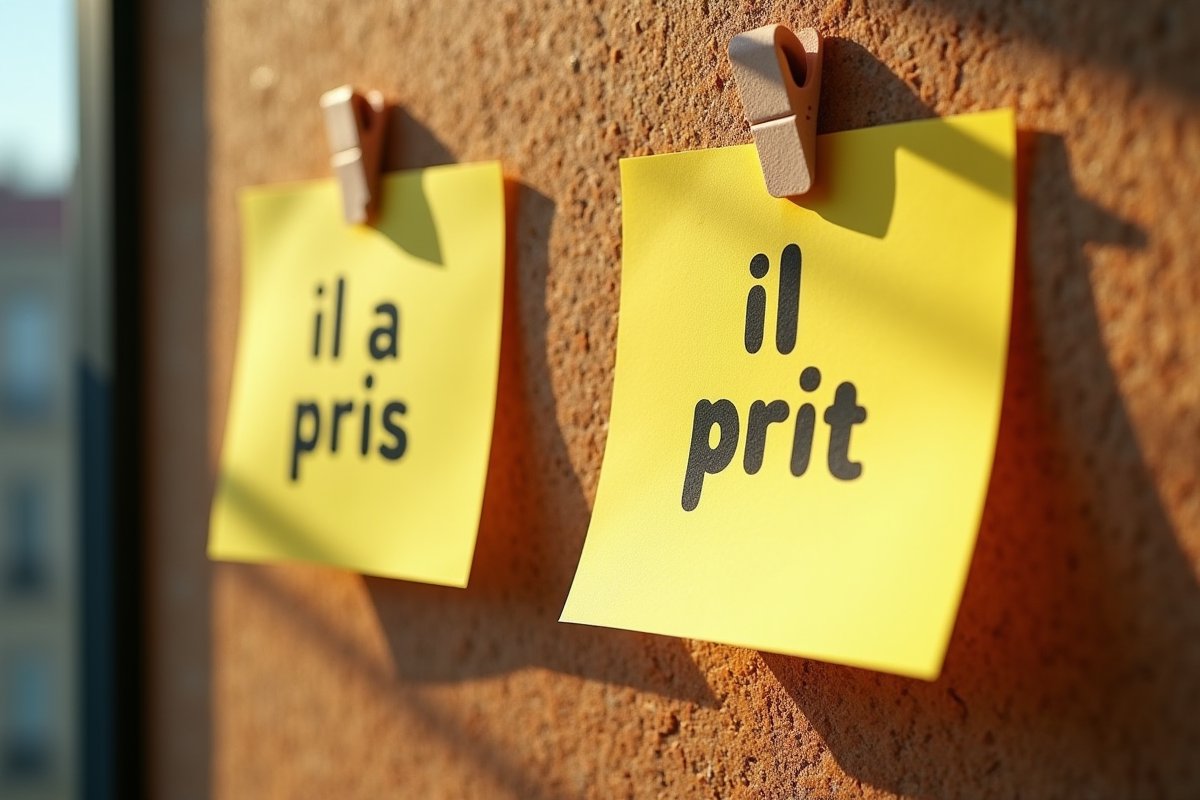 Notes autocollantes avec il a pris et il a prit sur un tableau