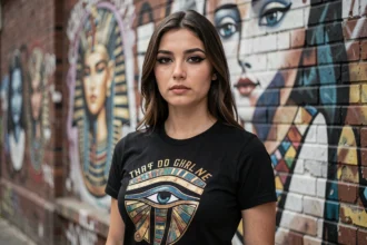 Jeune femme portant un t-shirt avec le symbole de l'œil d'Horus devant un mur de street art égyptien en milieu urbain