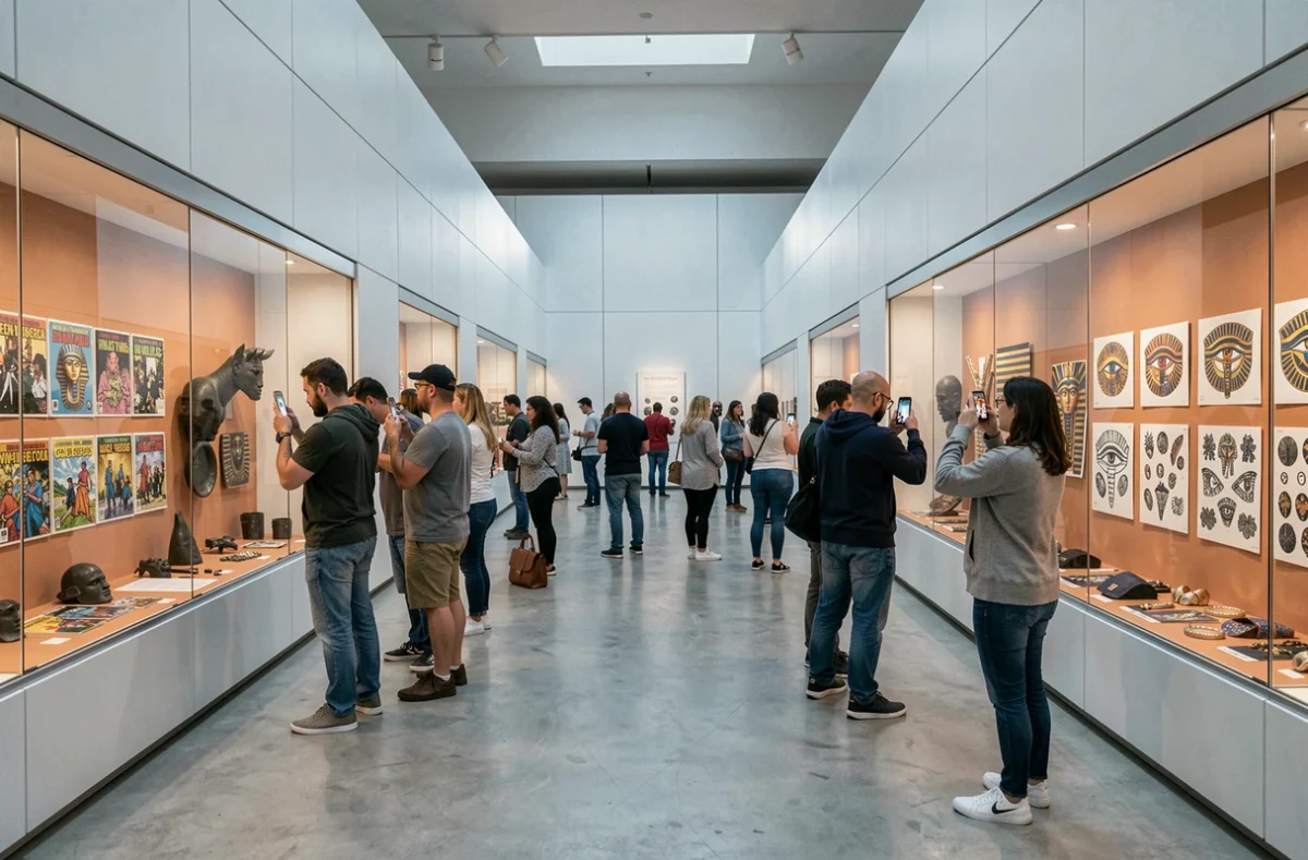 Salle d'exposition muséale moderne présentant des objets de la culture pop illustrant le symbole de l'œil égyptien, avec des visiteurs adultes qui observent les vitrines