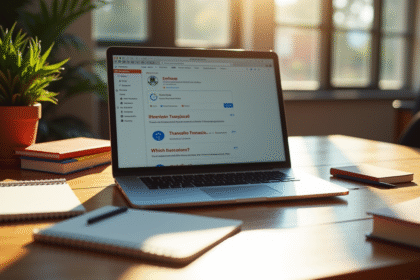 Ordinateur portable sur un bureau en bois avec livres et café pour l article sur traduction