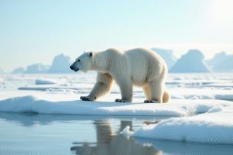 Ours polaire marchant sur la glace arctique sous lumière douce