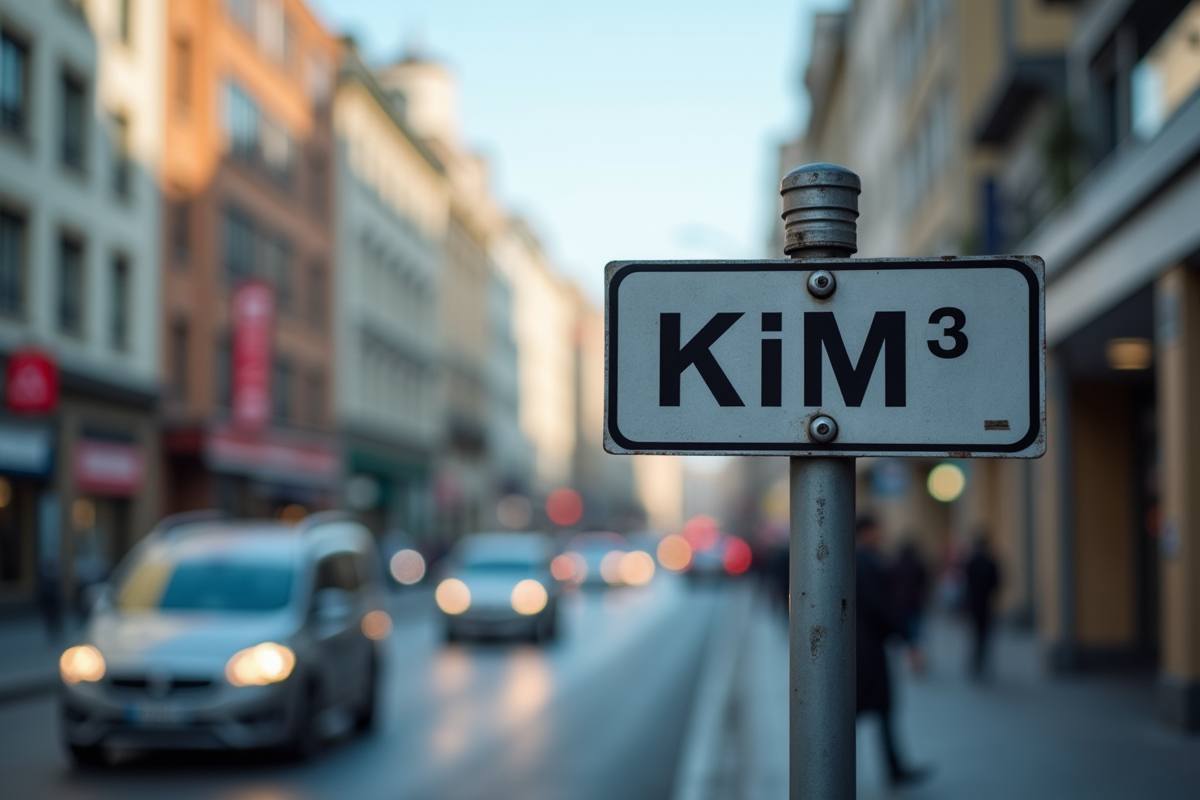 Panneau de kilomètre moderne en ville animée