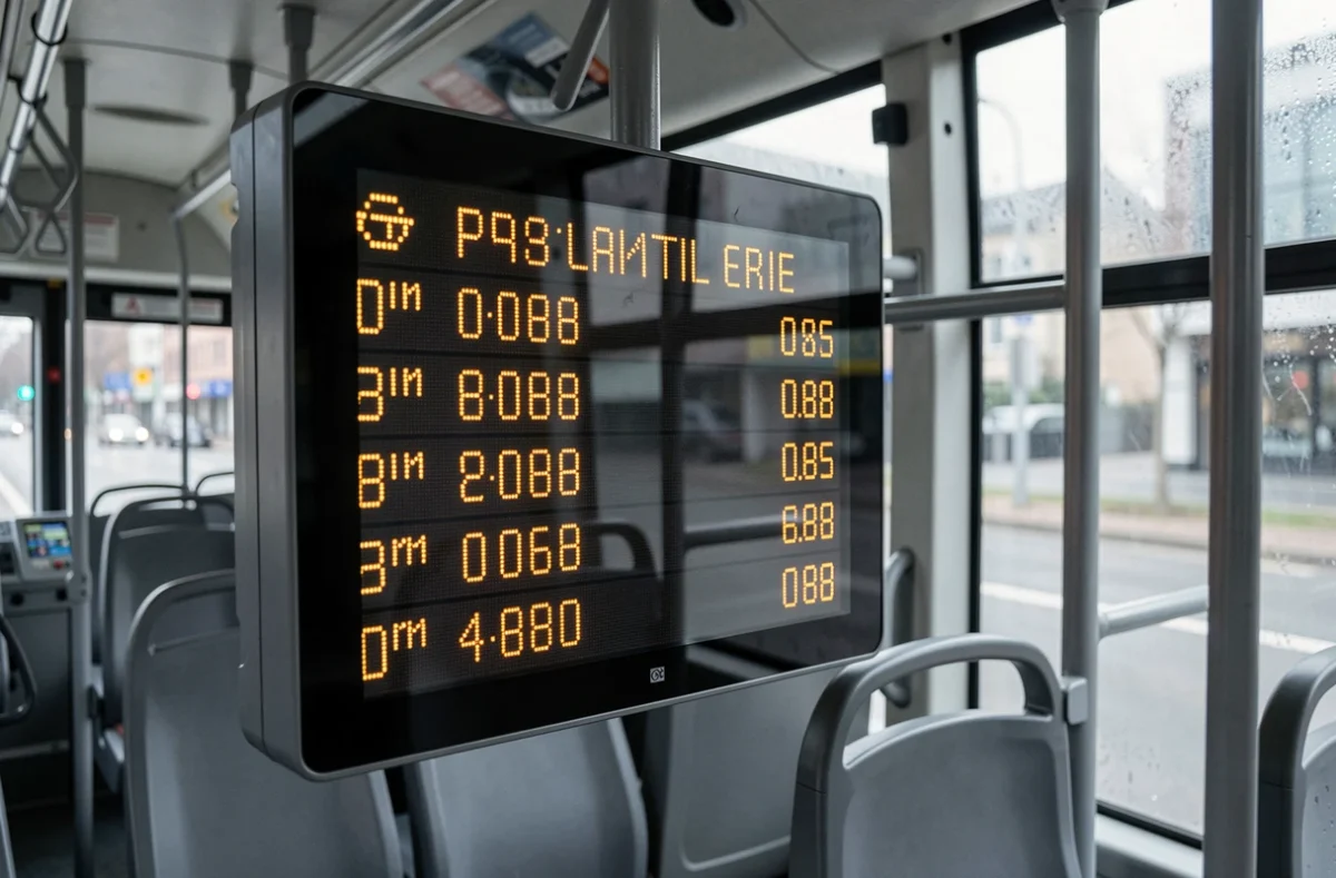Panneau d'affichage en temps réel à l'intérieur d'un bus urbain montrant les prochains arrêts et minutes d'attente, symbole des données de transport en temps réel