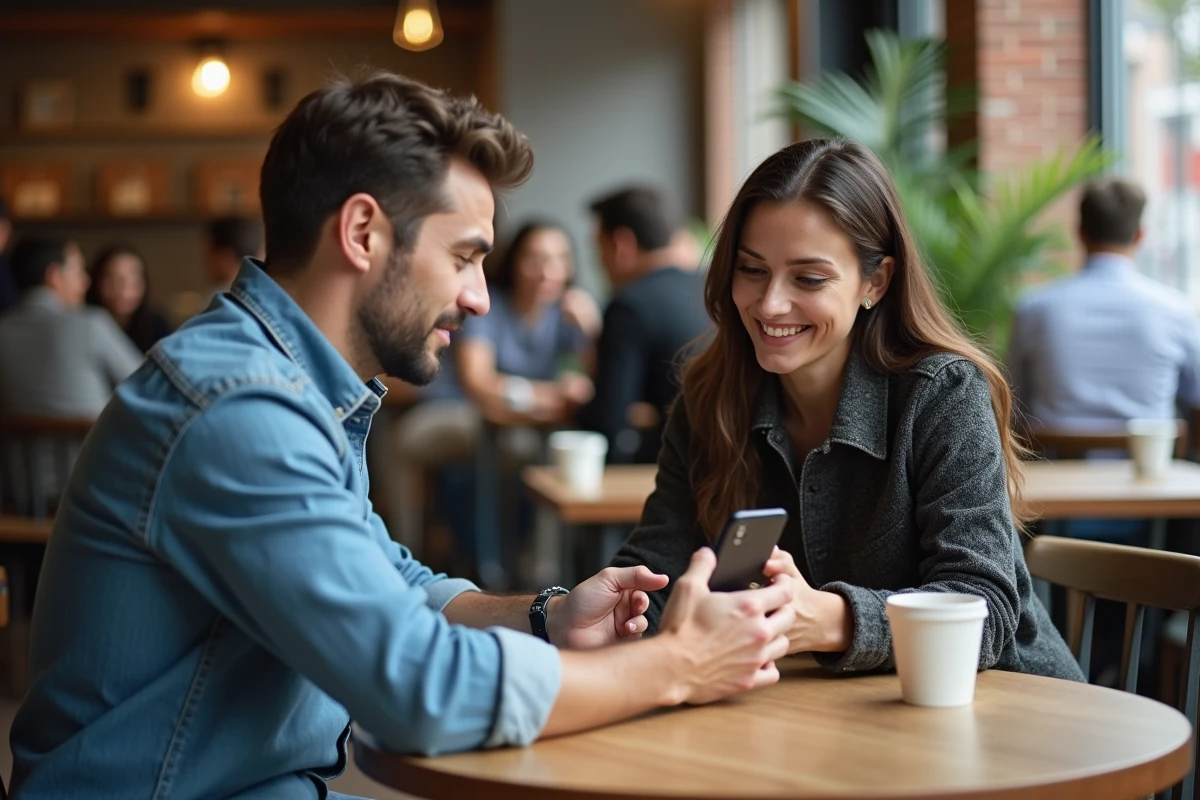 Deux parents séparés consultant un planning de garde partagée semaines paires impaires dans un café