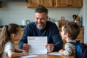 Père séparé révisant le calendrier des semaines paires et impaires avec ses enfants à la table de cuisine