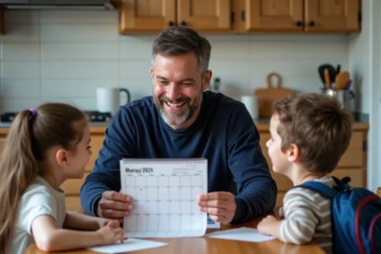 Père séparé révisant le calendrier des semaines paires et impaires avec ses enfants à la table de cuisine