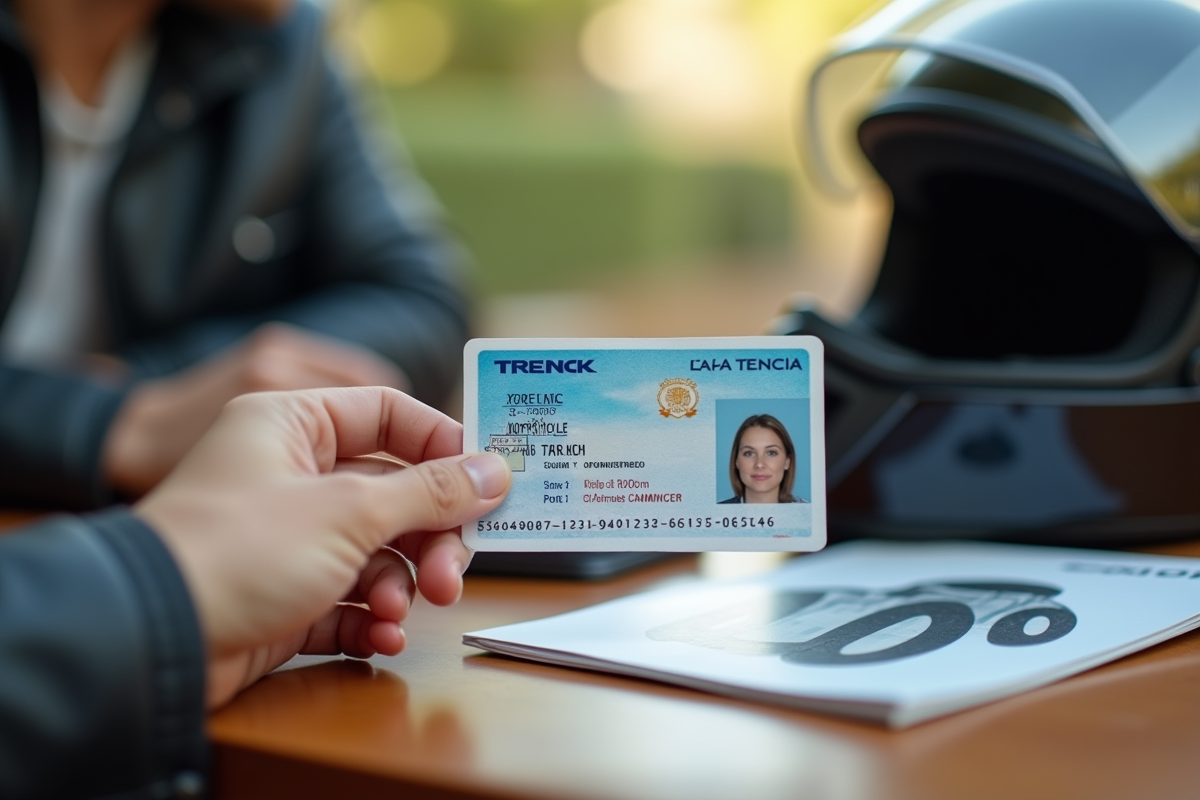 Main tenant un permis de conduire français avec casque moto