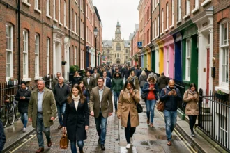 Foule de piétons diversifiés dans les rues animées du centre-ville de Dublin, illustrant la croissance démographique de la capitale irlandaise