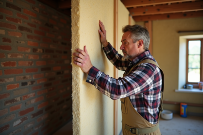 Hommes en travaux appliquant de la laine mineral sur mur en brique