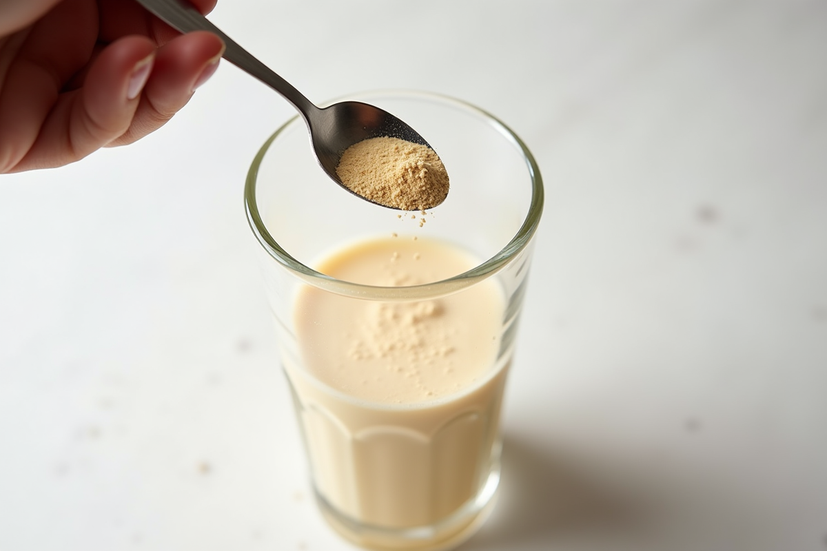 Poudre de levure de bière versée dans un verre blanc