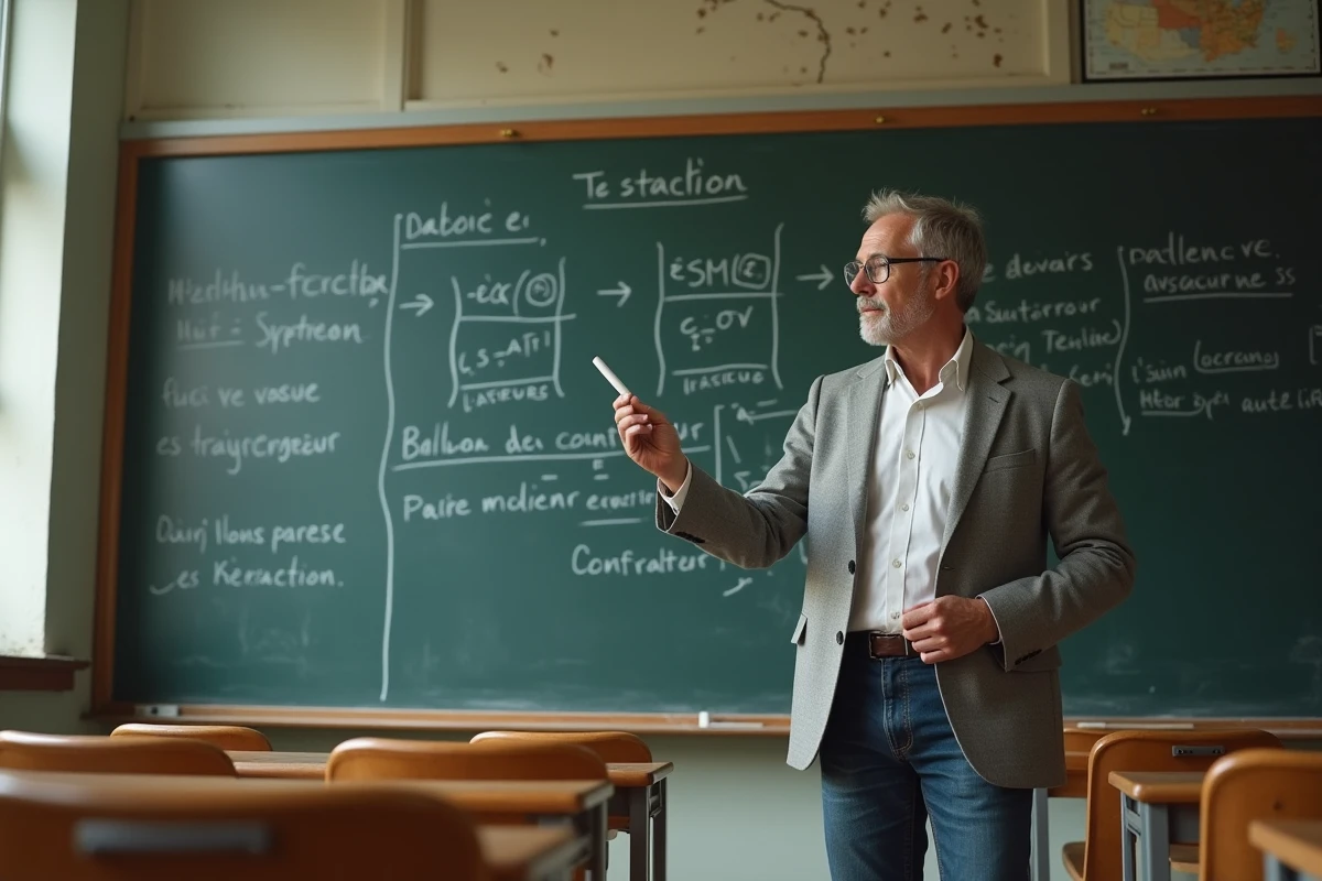 Professeur expliquant l'analyse d'une allégorie littéraire au tableau dans une salle de classe française