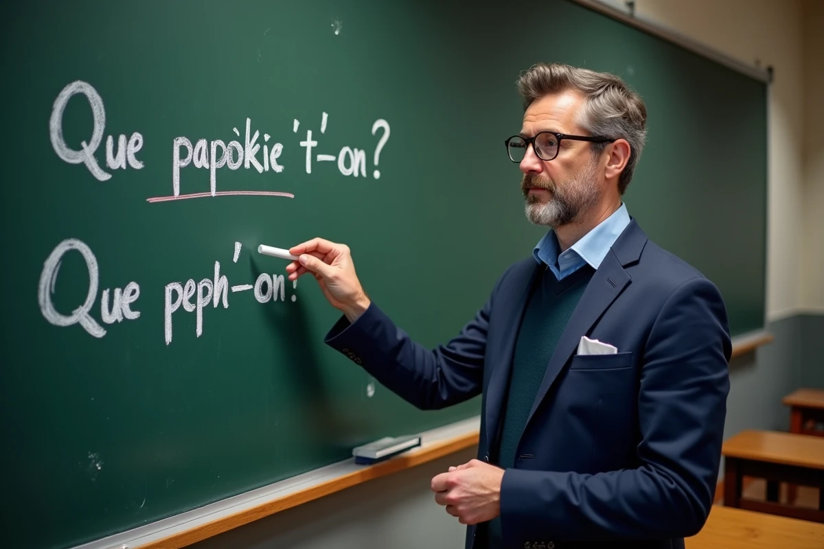 Professeur de français pointant des exemples grammaticaux au tableau noir dans une salle de classe, illustrant la correction orthographique