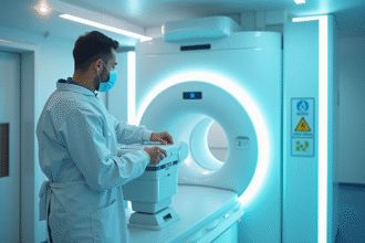 Médecin en protection radiologique dans une salle moderne