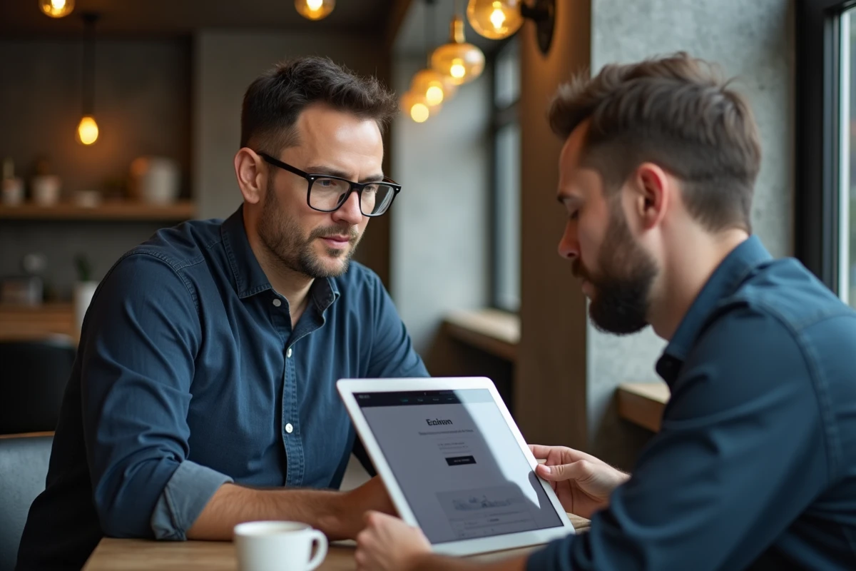 Deux professionnels explorant Co-valence.fr ensemble sur une tablette dans un café urbain moderne