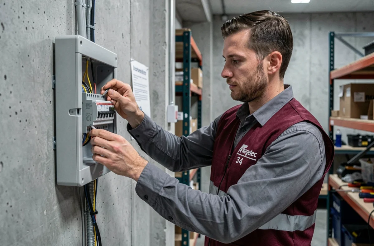 Technicien Regelec 34 installant un tableau de distribution électrique dans un atelier commercial à Montpellier