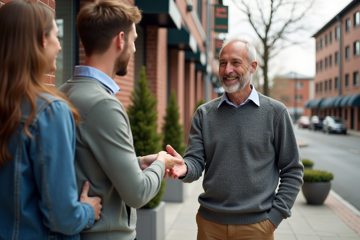 Homme remettant les clés à un couple devant un immeuble résidentiel