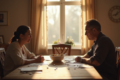Repas familial divise avec documents juridiques et ambiance sombre