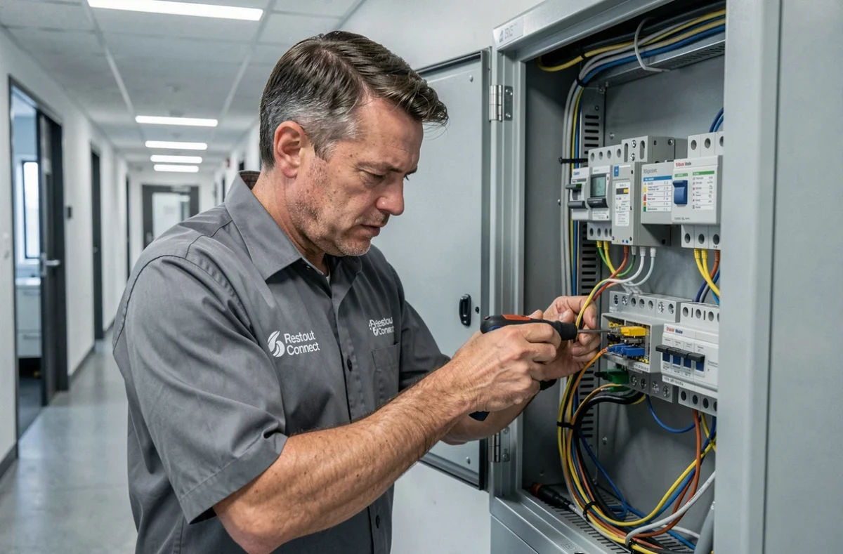 Technicien Restout Connect raccordant des conduits électriques et fibre optique dans un bâtiment commercial de Montpellier