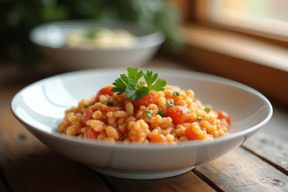 Risotto au chorizo dans un bol blanc décoré de persil