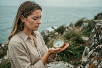 Femme tenant une rose des vents en laiton sur une falaise côtière, symbole de guidance et de choix de vie