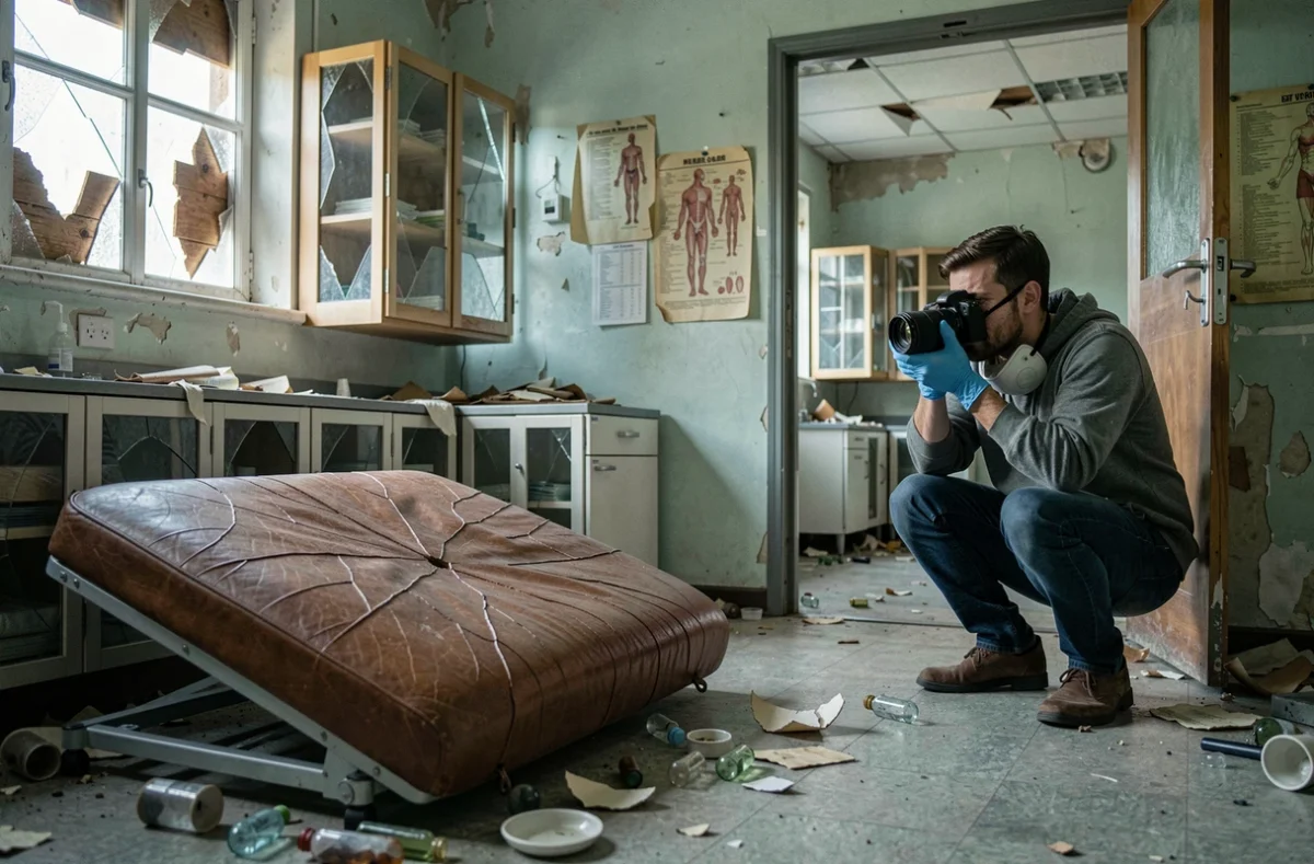 Salle de soins abandonnée dans un hôpital psychiatrique avec mobilier médical dégradé et objets épars