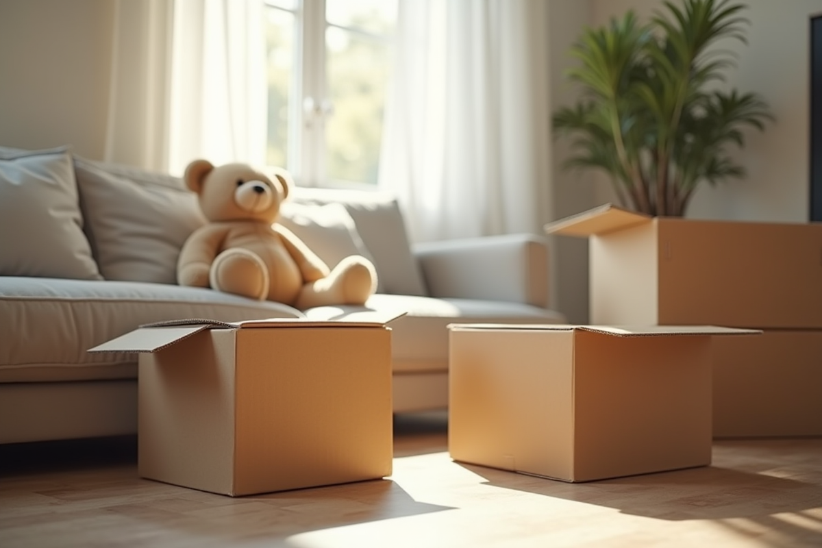 Salon lumineux avec cartons et ours en peluche en cours de déménagement