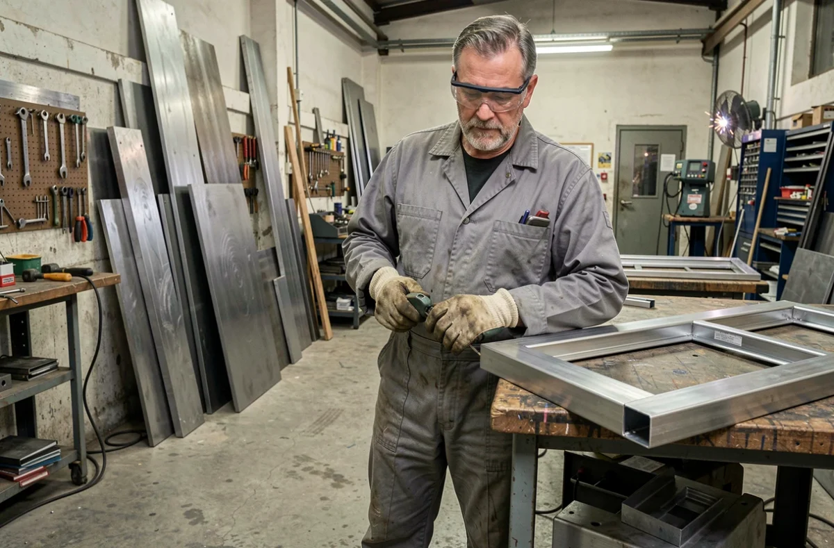 Artisan métallier de SCOFAB dans son atelier équipé travaillant sur un cadre de porte en acier