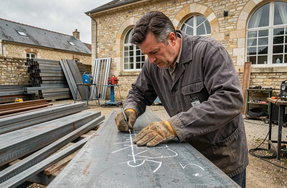 Métallier de Serrurerie-Métallerie Rochelaise mesurant un panneau de portail en acier dans une cour de fabrication