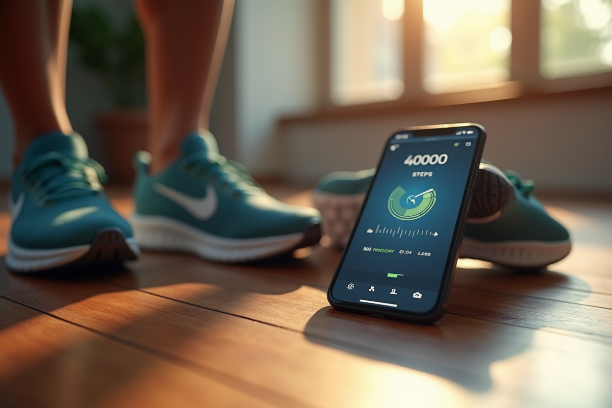 Ecran de smartphone avec application de marche et chaussures de course