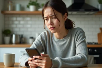 Femme vérifiant un SMS bloqué sur son smartphone Android avec une expression perplexe