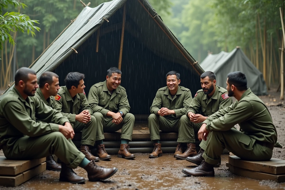 Soldats partageant un moment de camaraderie au camp