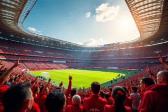 Stade de football rempli de supporters en couleurs Olympique et Lens