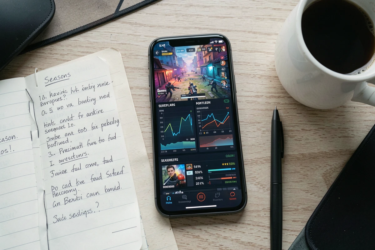 Vue aérienne d'un bureau avec smartphone affichant des statistiques de joueurs Fortnite et des graphiques de saisons passées