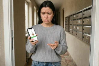 Femme consultant le suivi de colis LP Collect bloqué sur son smartphone devant sa porte d'entrée