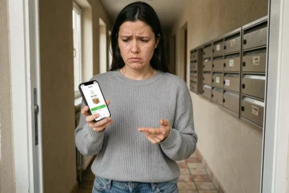 Femme consultant le suivi de colis LP Collect bloqué sur son smartphone devant sa porte d'entrée