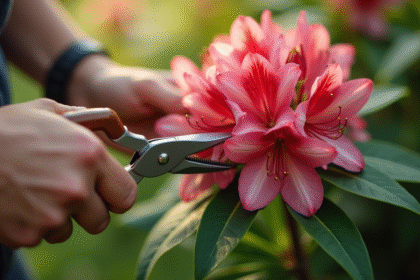 Mains de jardinier taillant un rhododendron avec des ciseaux