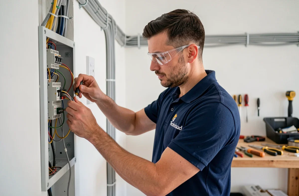 Technicien Technisud câblant un tableau électrique résidentiel dans un appartement moderne à Montpellier