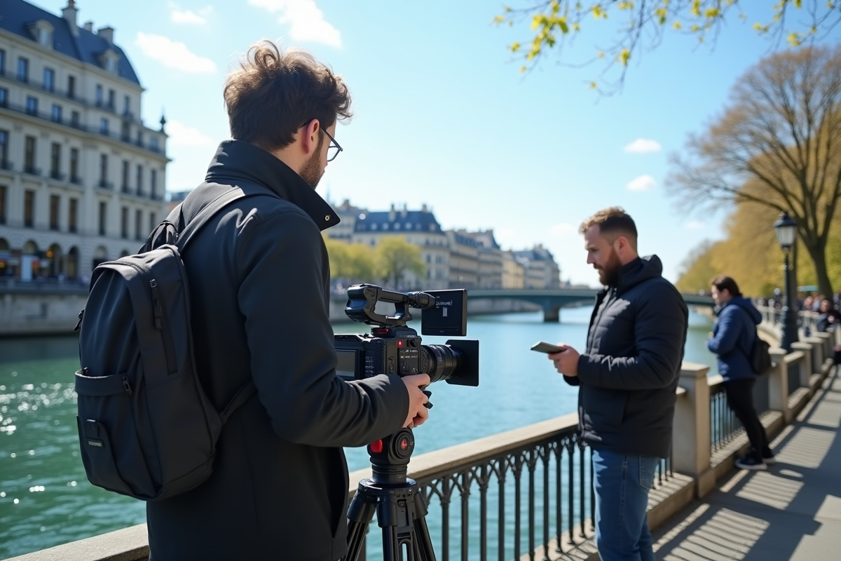 Tournage en extérieur à Paris avec vidéastes et caméra