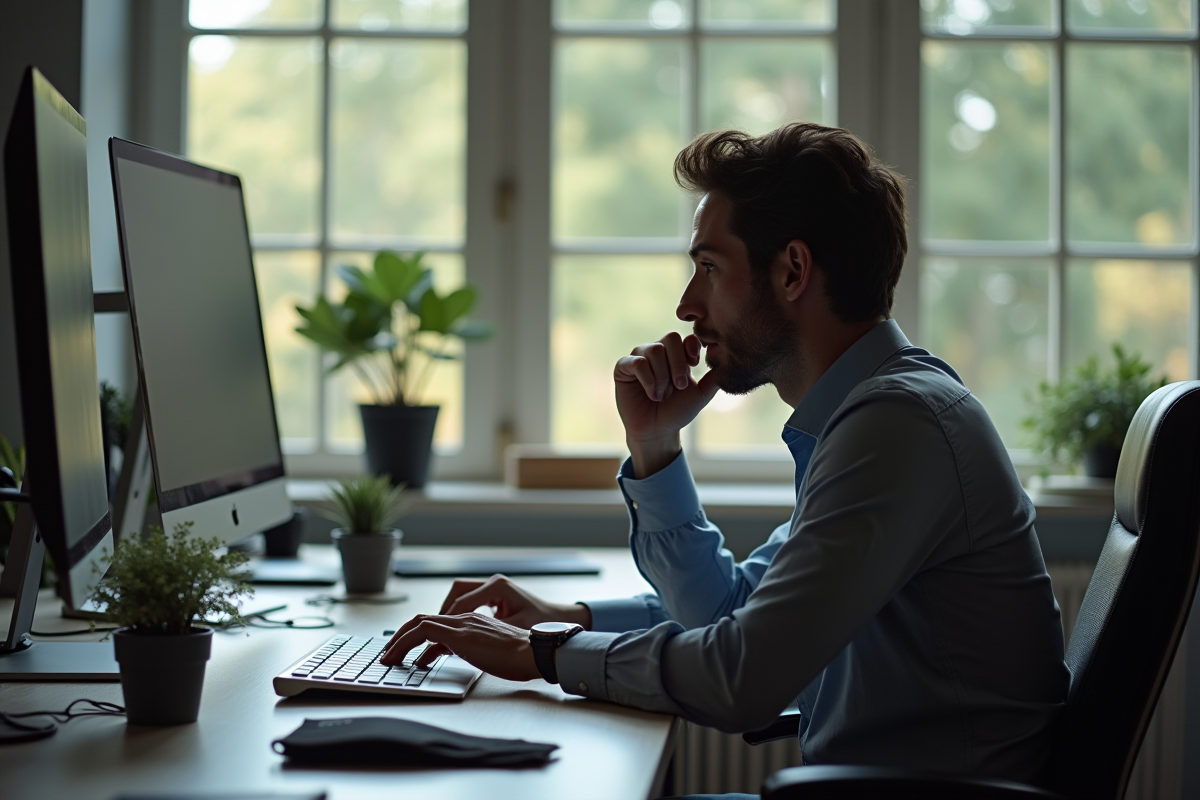 Personne réfléchie travaillant à un bureau moderne avec appareils