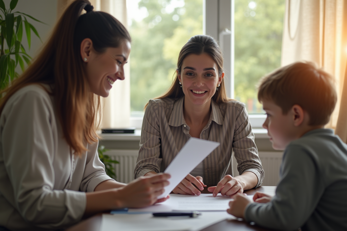 Travailleuse sociale expliquant des papiers à une famille