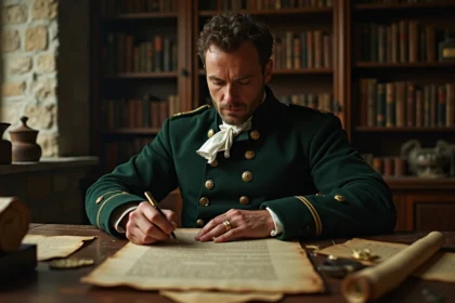 Homme en uniforme napoléonien consultant un courrier historique manuscrit à son bureau de reconstitution historique