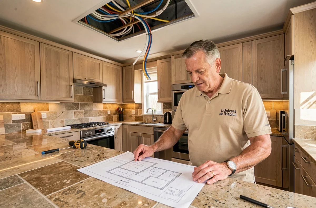Expert de L'Univers de l'Habitat consultant des plans de rénovation électrique dans une cuisine moderne à Montpellier