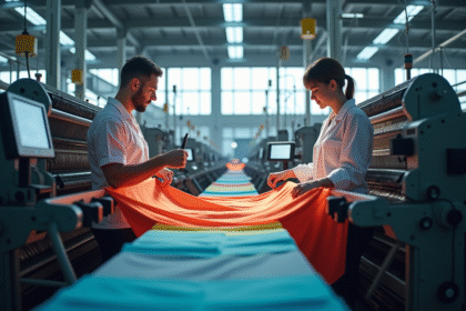 Usine textile moderne avec robots et machines colorées