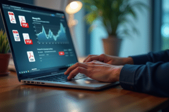 Main d'une personne utilisant un ordinateur portable sur un bureau lumineux