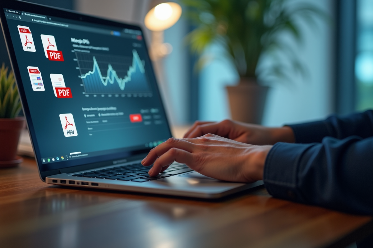 Main d'une personne utilisant un ordinateur portable sur un bureau lumineux