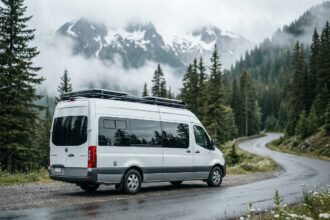 Van aménagé neuf garé sur une route de montagne entourée de forêts de pins et de sommets enneigés