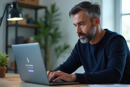 Homme vérifiant les paramètres de sécurité de connexion sur un ordinateur portable dans un bureau à domicile